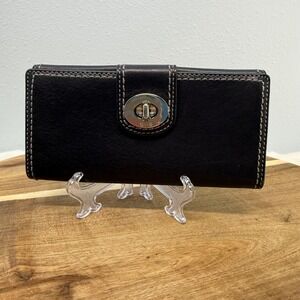 Coach Vintage 2000s Y2K Hampton Turnlock Black Leather Wallet Contrast Stitching